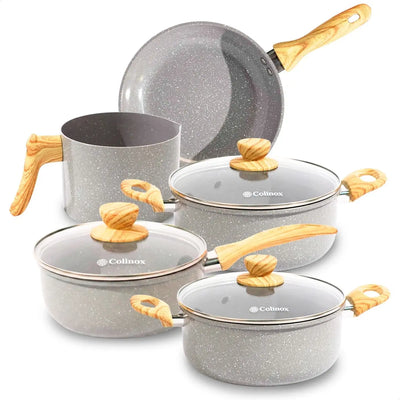 Batería de cocina de cerámica en color gris con mangos efecto madera